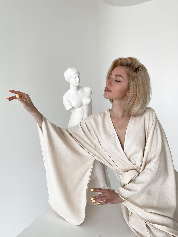 Kimono Sleeves Linen Robe-Robes-Okiya Studio