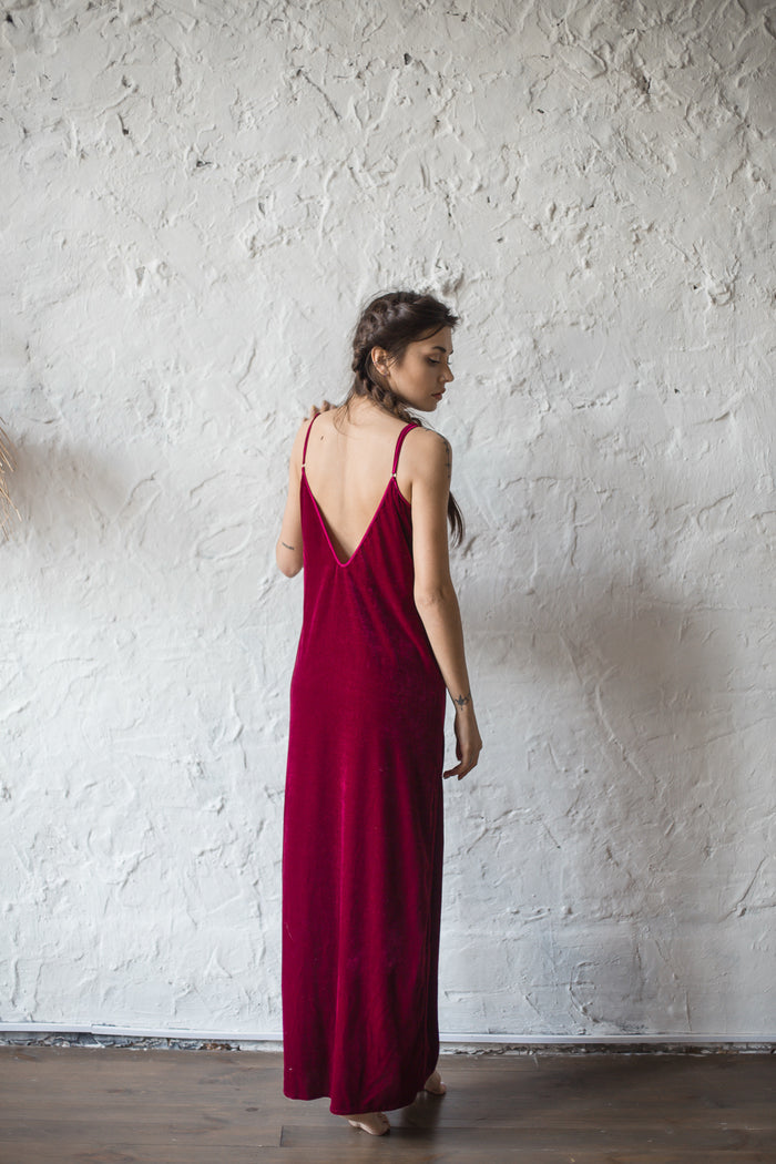 Velour Long Nightgown with Open Back-Nightgowns-Okiya Studio