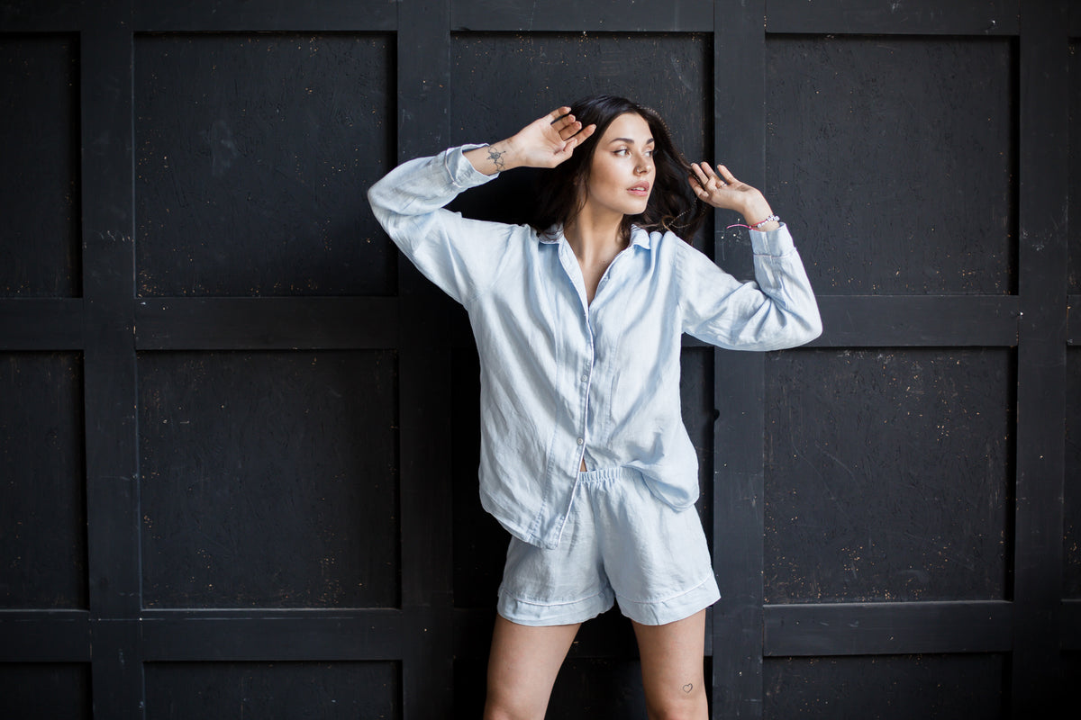 Linen Pajama Set Shirt plus Shorts-Pajamas-Okiya Studio