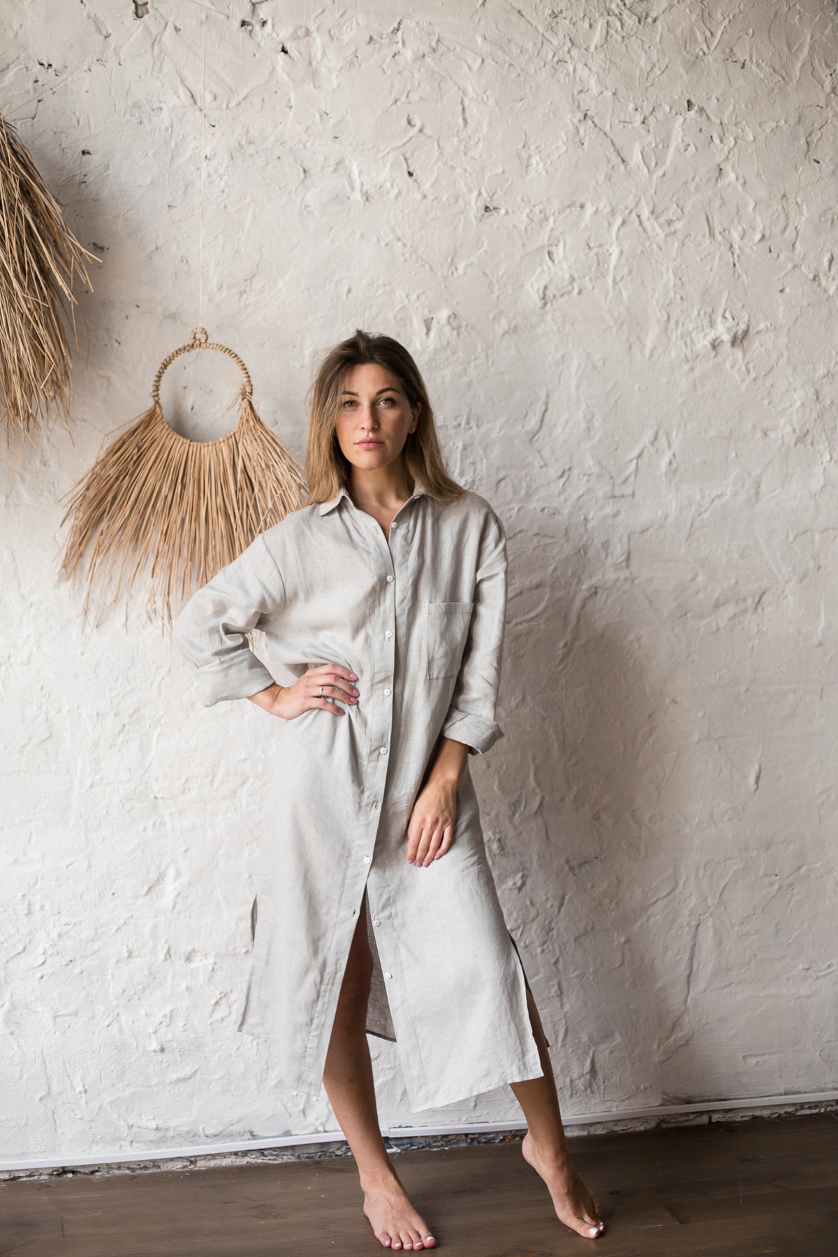 Linen Shirt in Midi Length-Shirts-Okiya Studio