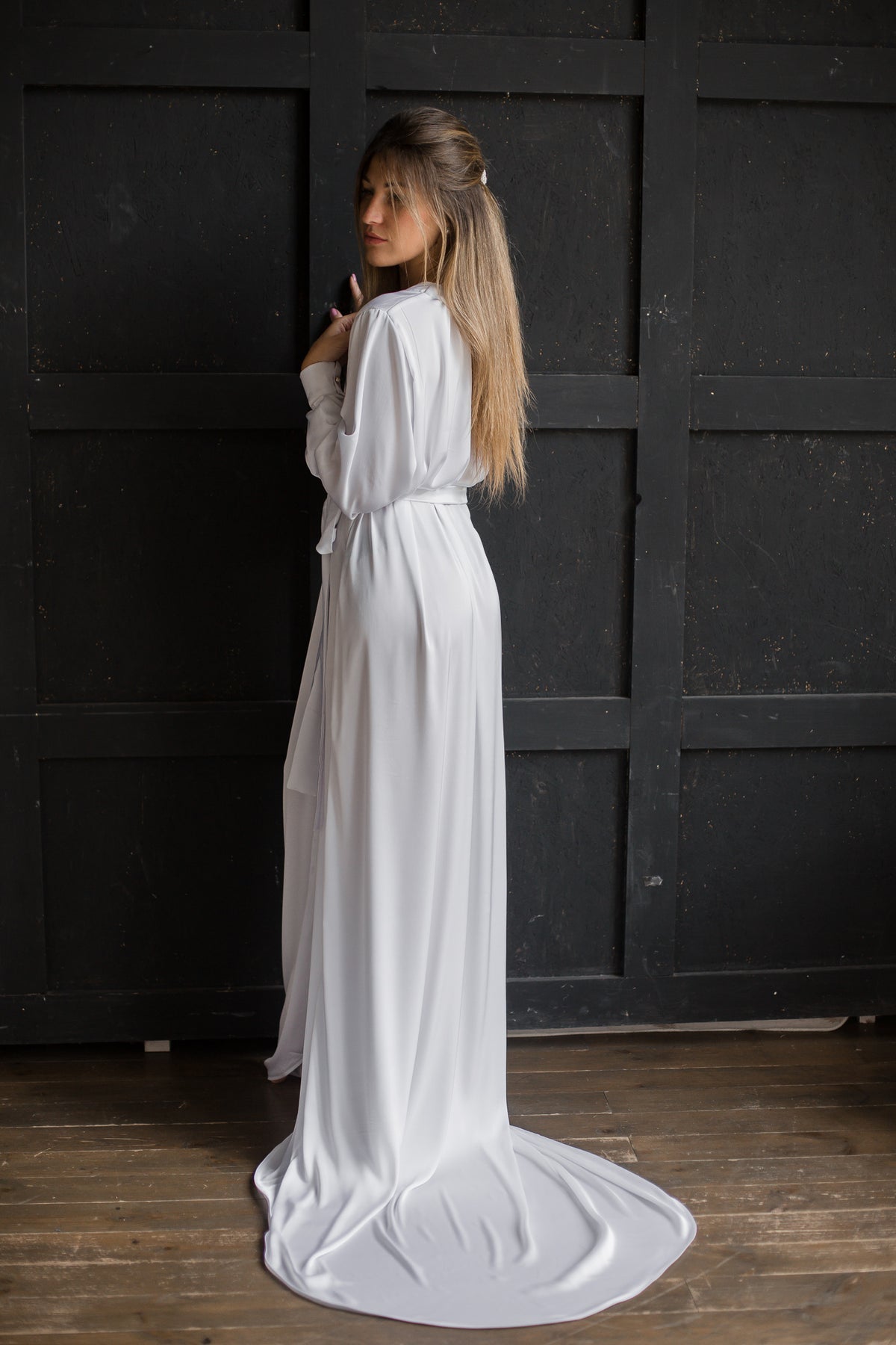 Bridal Silk Robe with Train-Robes-Okiya Studio