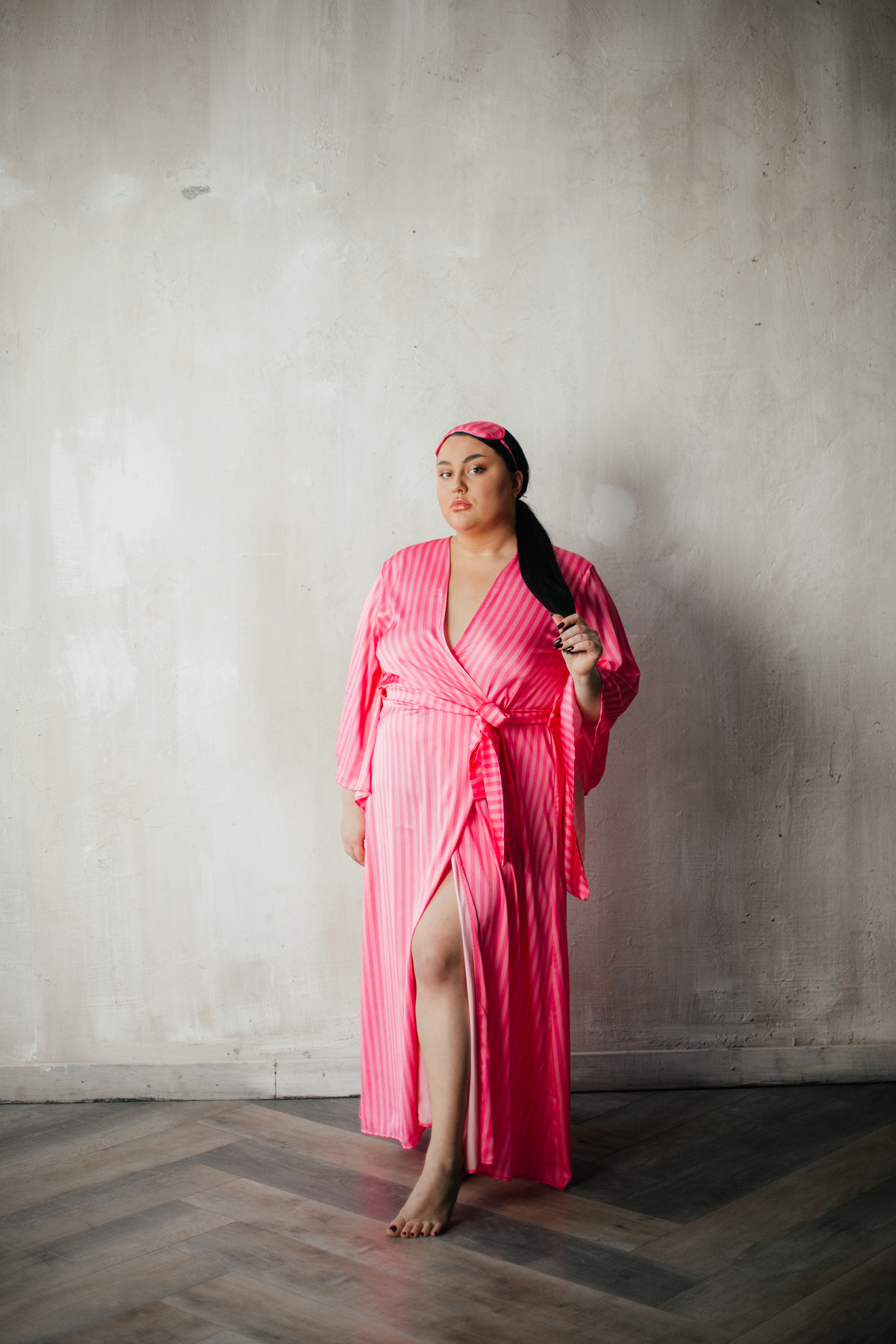 Pink stripe silky kimono robe (plus free sleep mask)-Robes-Okiya Studio