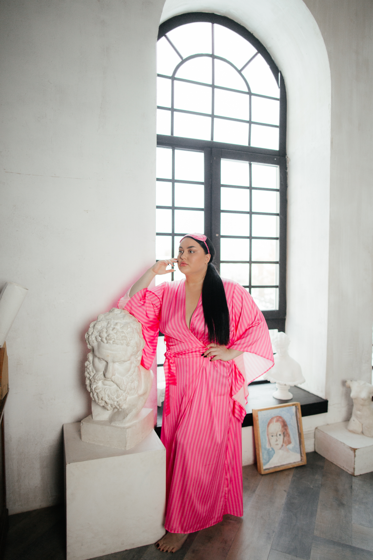 Pink stripe silky kimono robe (plus free sleep mask)-Robes-Okiya Studio