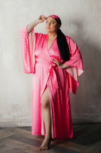 Pink stripe silky kimono robe (plus free sleep mask)-Robes-Okiya Studio