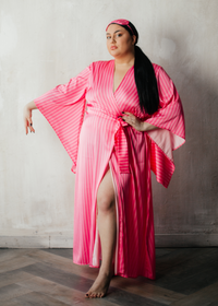 Pink stripe silky kimono robe (plus free sleep mask)-Robes-Okiya Studio