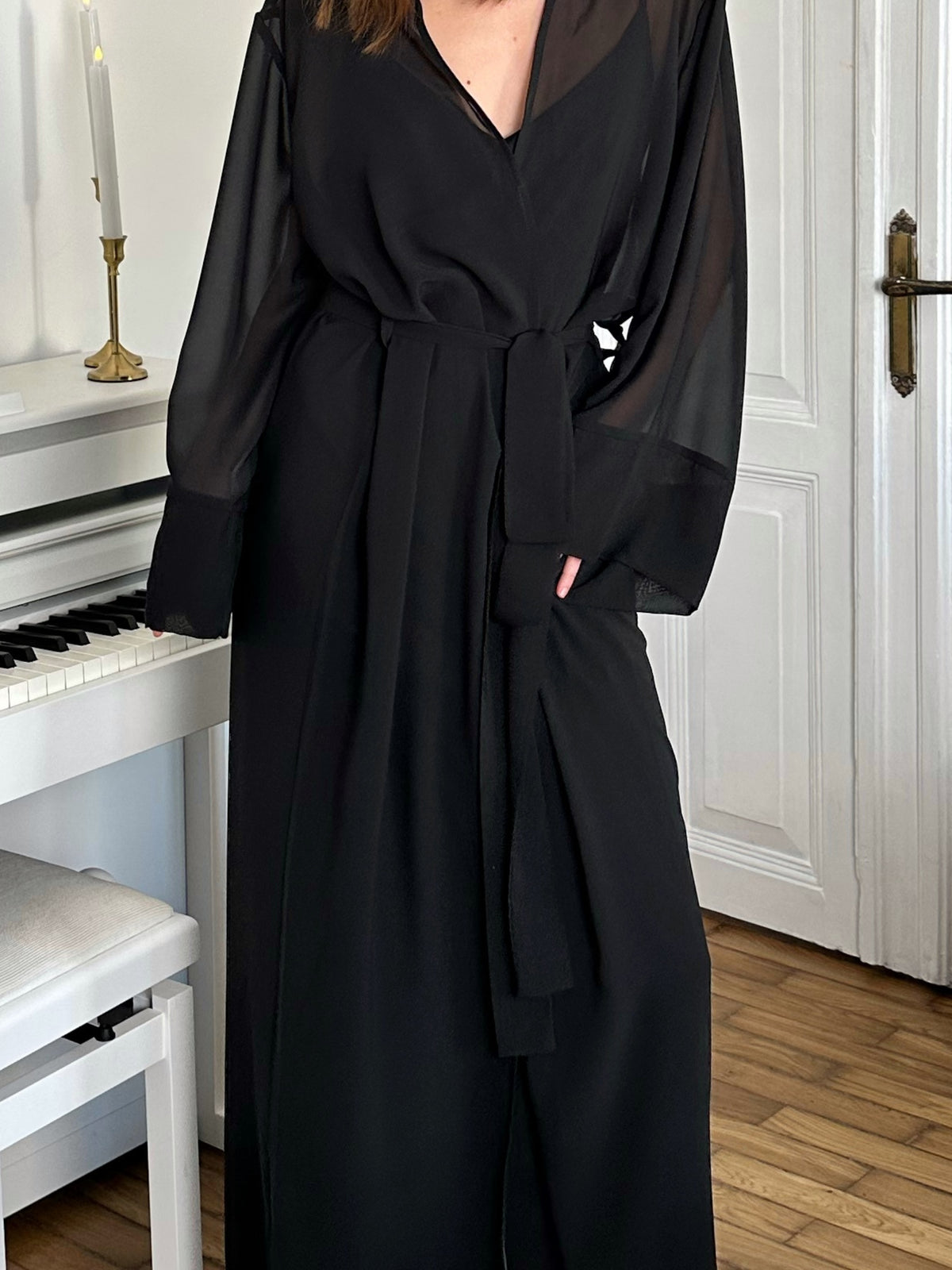 Kiri floor-length sheer chiffon robe details Okiya Studio.