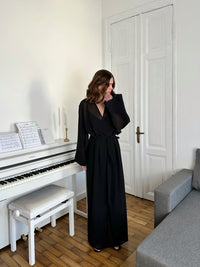 Kiri floor-length sheer chiffon robe in front Okiya Studio.