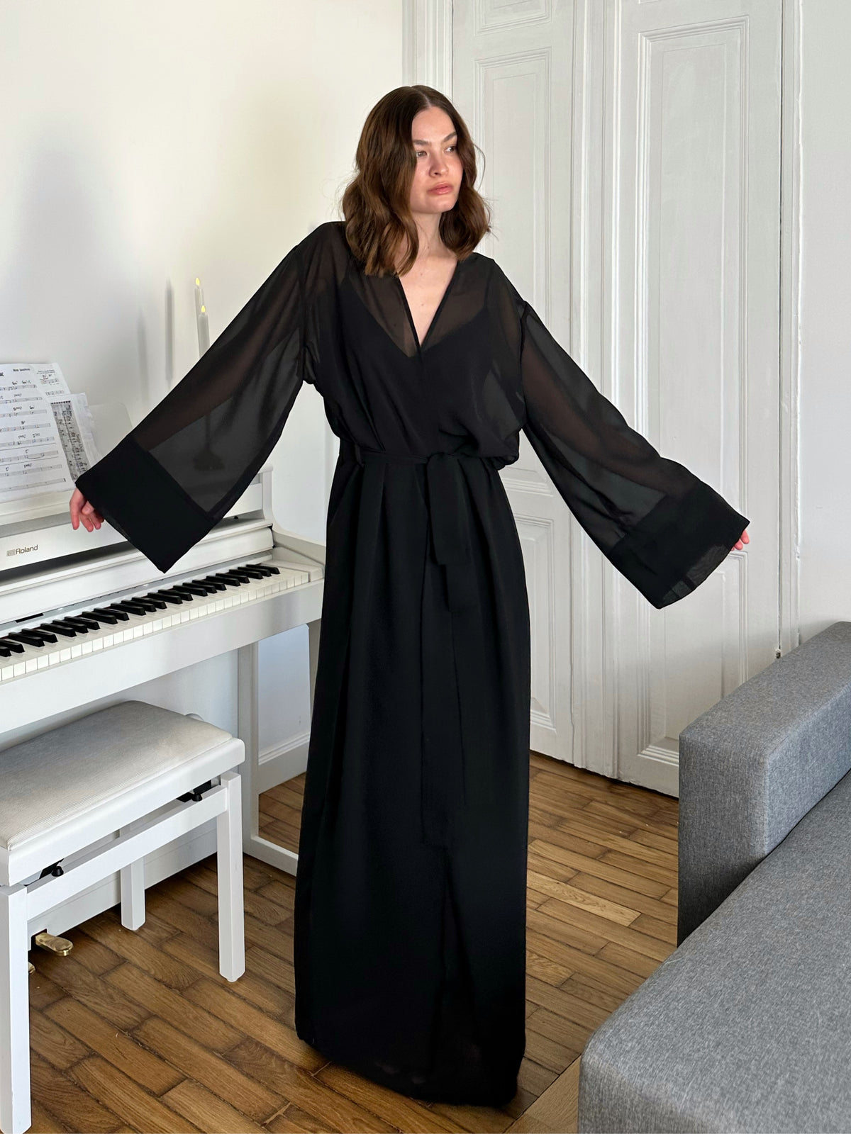 Kiri floor-length sheer chiffon robe in black Okiya Studio.