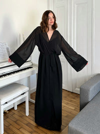 Kiri floor-length sheer chiffon robe in black Okiya Studio.