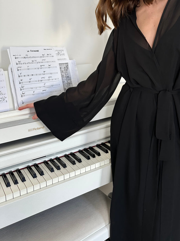 Kiri floor-length sheer chiffon robe in Black, with wide flowing sleeves and a self-tie sash — Okiya Studio.