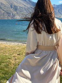 Back view of the Nami floor-length satin robe with wrap sash — Okiya Studio
