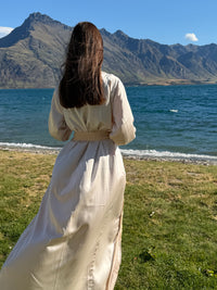 Back view of the Nami floor-length satin robe with wrap sash — Okiya Studio