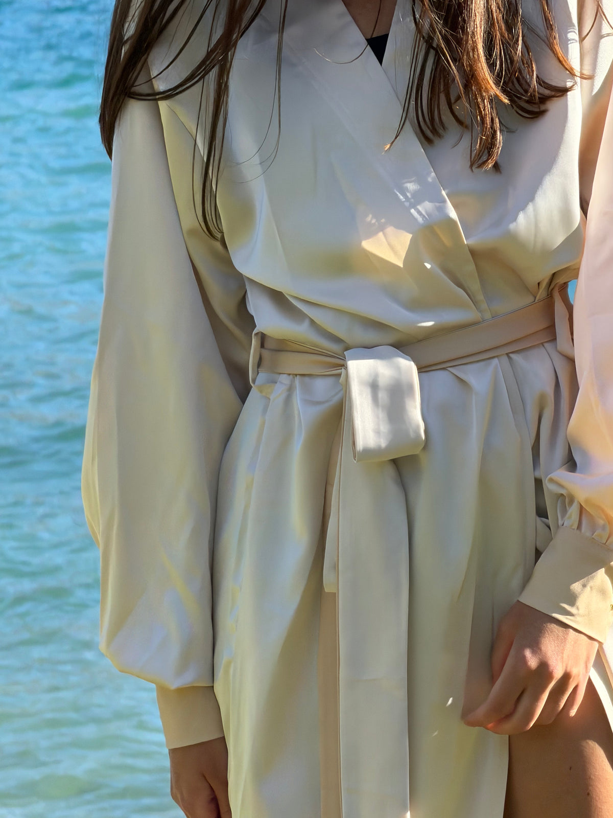 Wrap waist and self-tie sash of the Nami satin robe — Okiya Studio