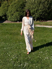 Ivory Nami satin robe worn belted, full-length outdoor view — Okiya Studio