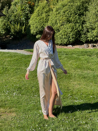 Ivory Nami satin robe worn belted, full-length outdoor view — Okiya Studio