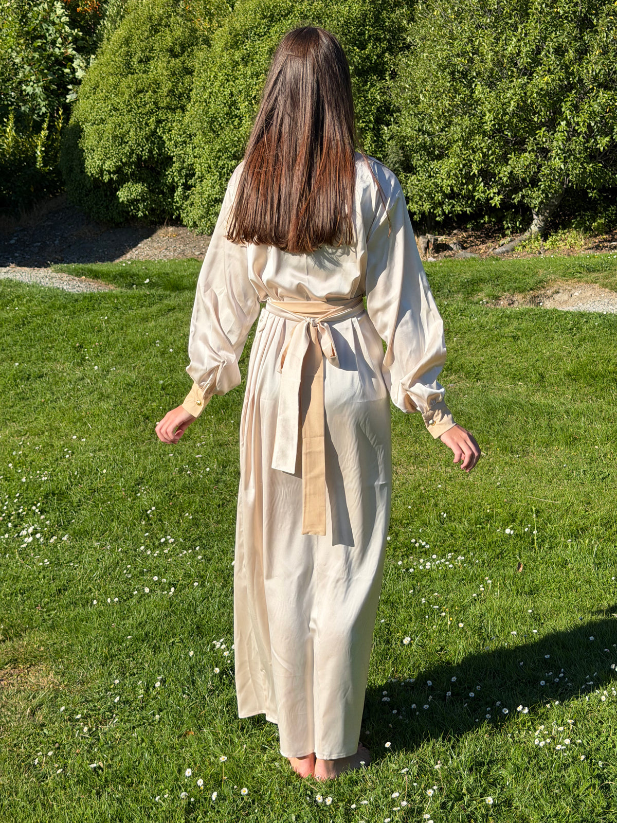 Back view of the Nami floor-length satin robe with wrap sash — Okiya Studio