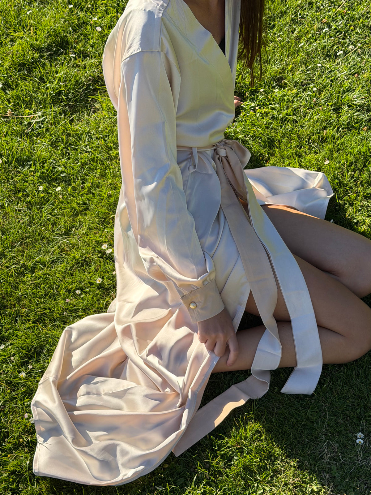 Ivory Nami satin robe worn belted, full-length outdoor view — Okiya Studio