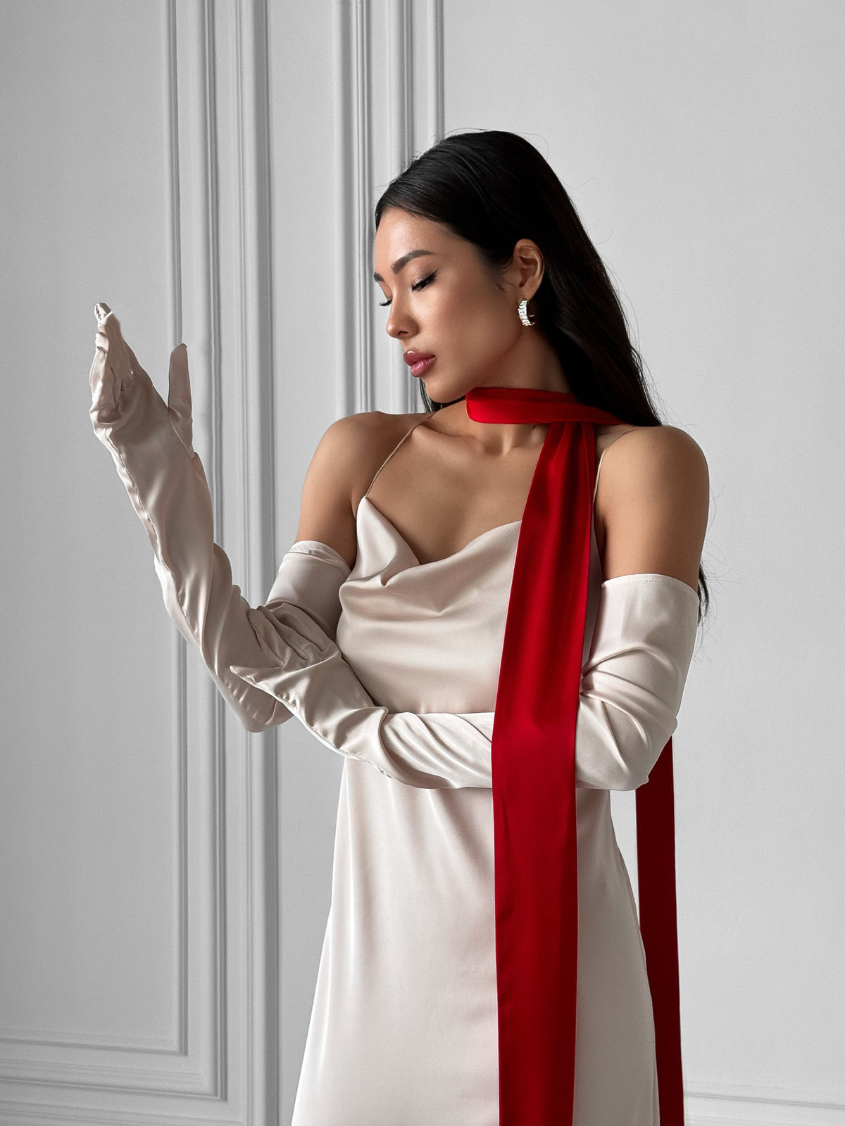 Okiya Studio. Complete your bridal look with our Silky Extra-Long Scarf—a tight, graceful addition perfect for weddings, bridal parties, and the special moments of your bridal morning