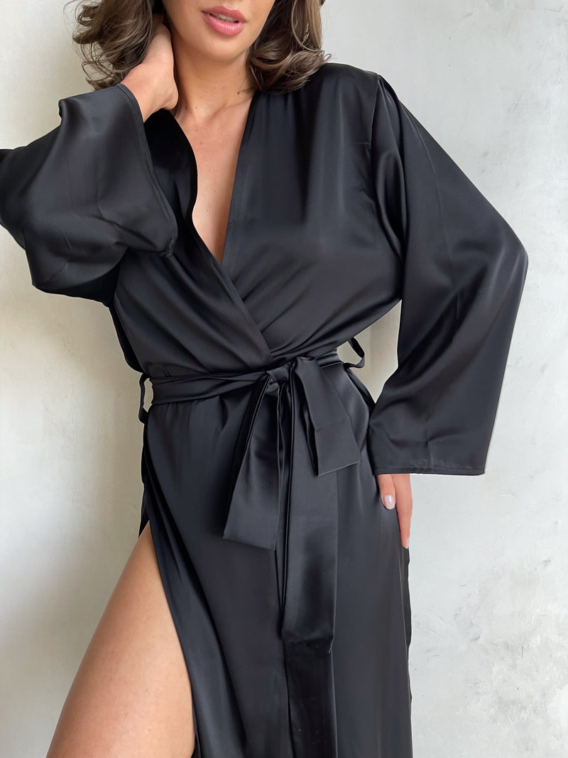 Long Silk Robe with Side Cuts-Robes-Okiya Studio