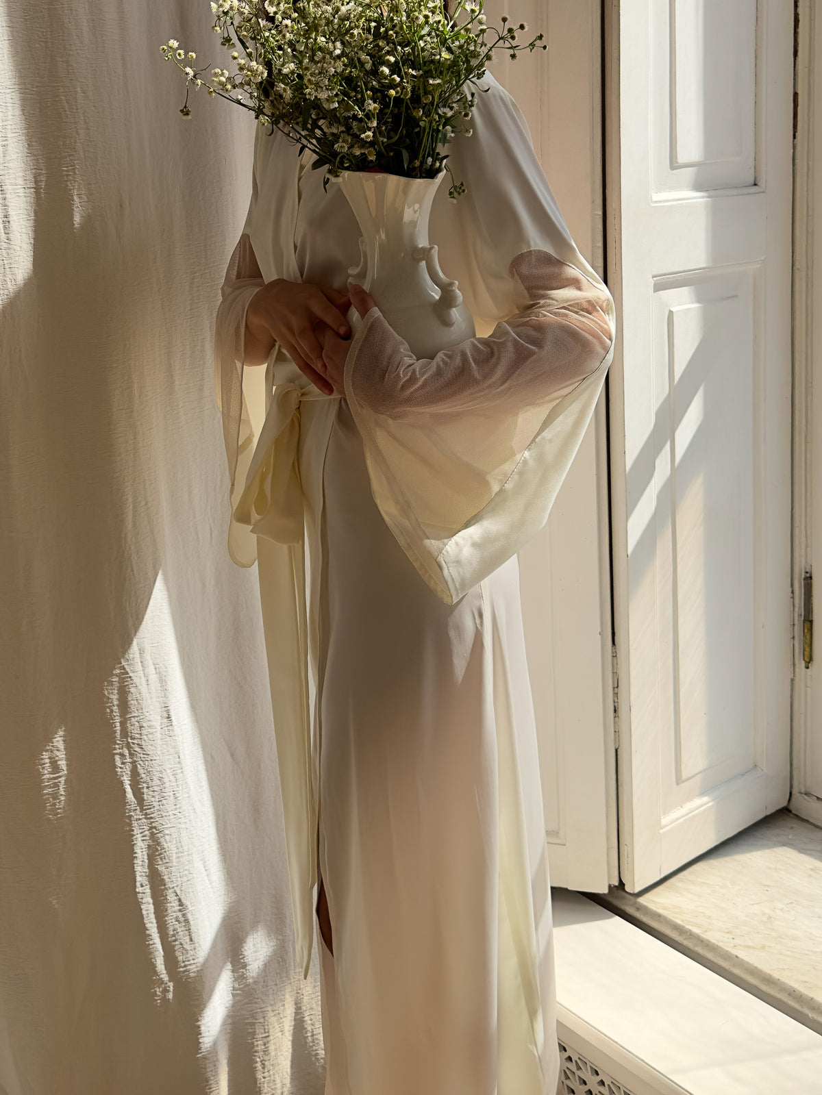Okiya Studio Silky Long Robe with Open Back, bridal morning silk robe