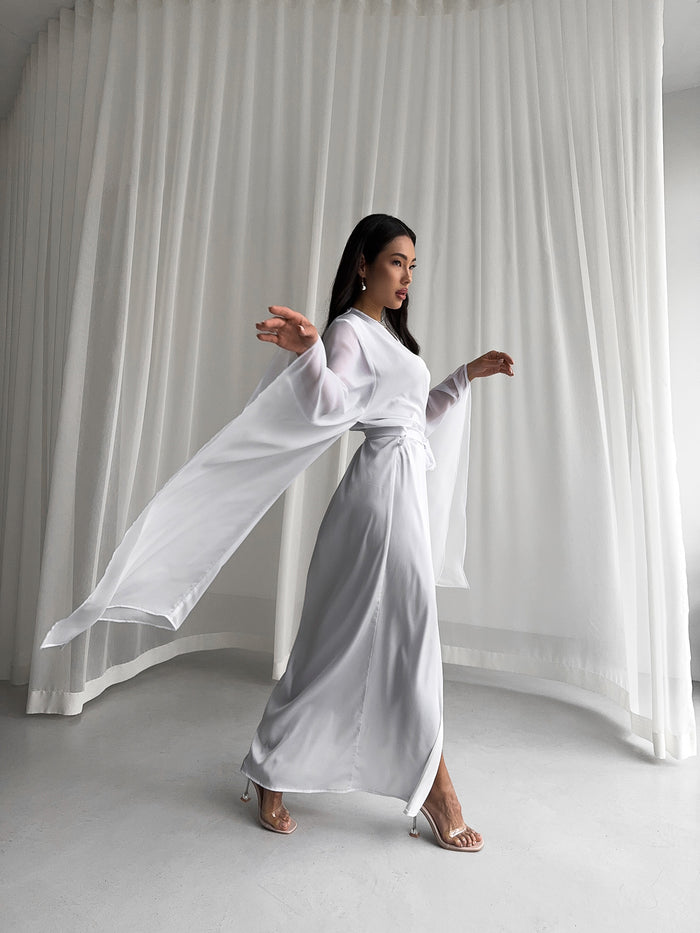 Okiya Studio. Elevate your moments with our Long Silky Robe featuring chiffon extra-long kimono sleeves. Luxurious comfort meets timeless sophistication.