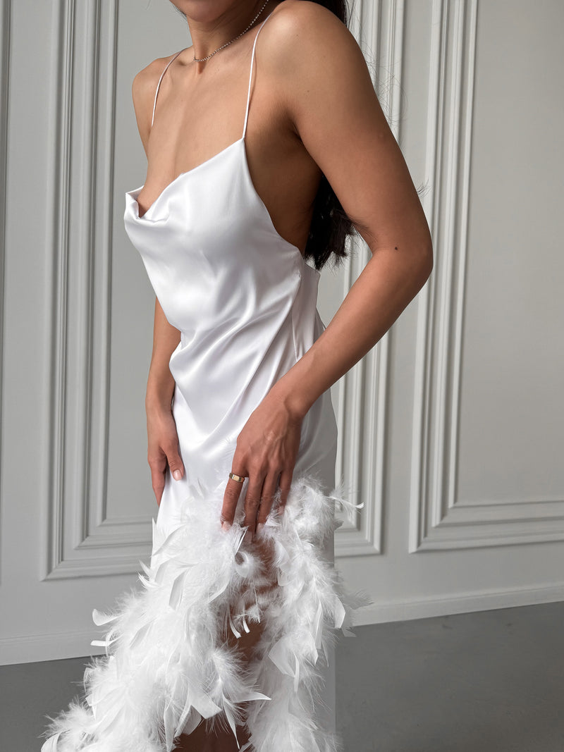 Feathered Slit Silk Long Nightgown Dress Okiya Studio Feathered Slit Silk Long Nightgown Dress Okiya Studio