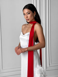 Okiya Studio. Enhance your bridal ensemble with our Silky Extra-Long Scarf, featuring a tight and sophisticated design. Perfect for weddings, bridal parties, and the elegant moments of your bridal morning.