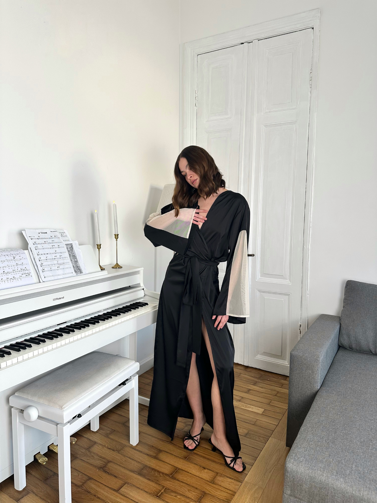 Silky Long Robe with Open Back