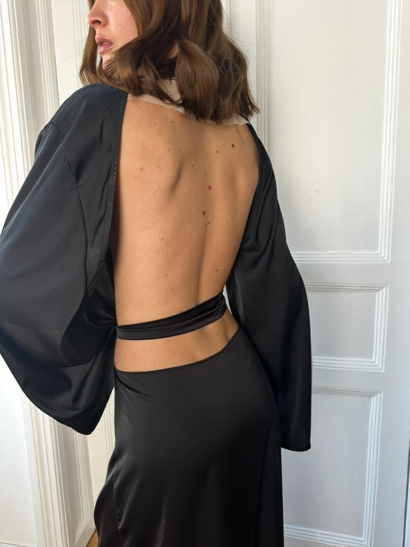 Silky Long Robe with Open Back