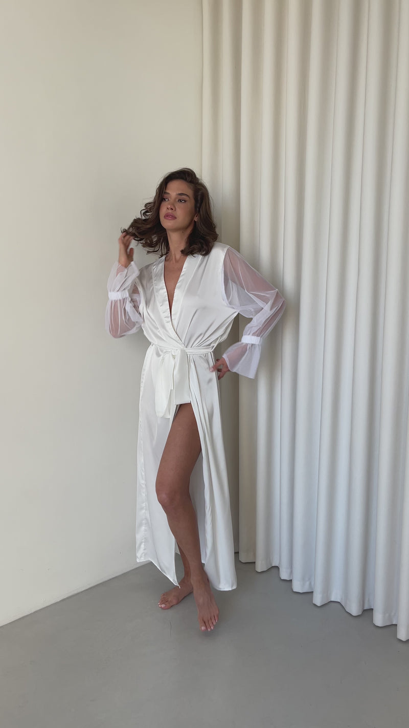 long Products Bridal Silky Robe with Sheer Sleeves