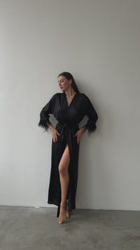 Long silky robe with feather sleeves
