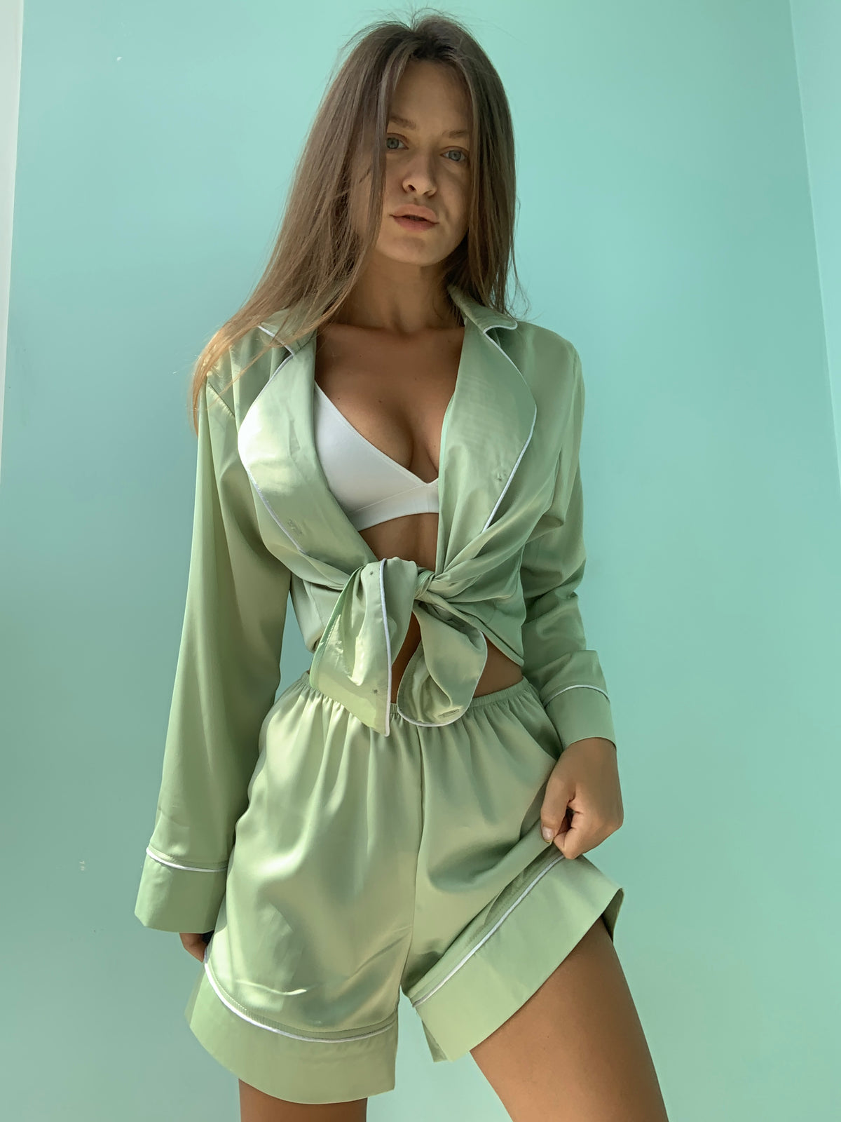 Green Silky-satin Lounge Wear Set, Bra & Shorts Pajama Set -  Canada
