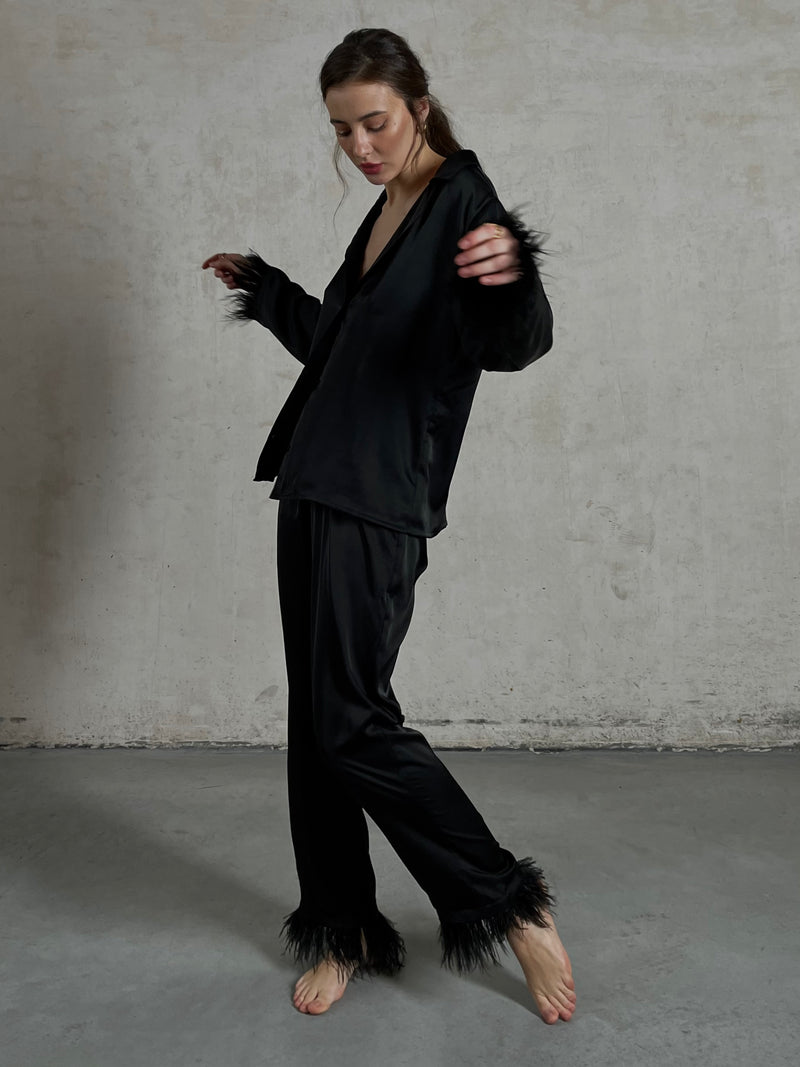 Black silky pajama suit with feathers-Pajamas-Okiya Studio