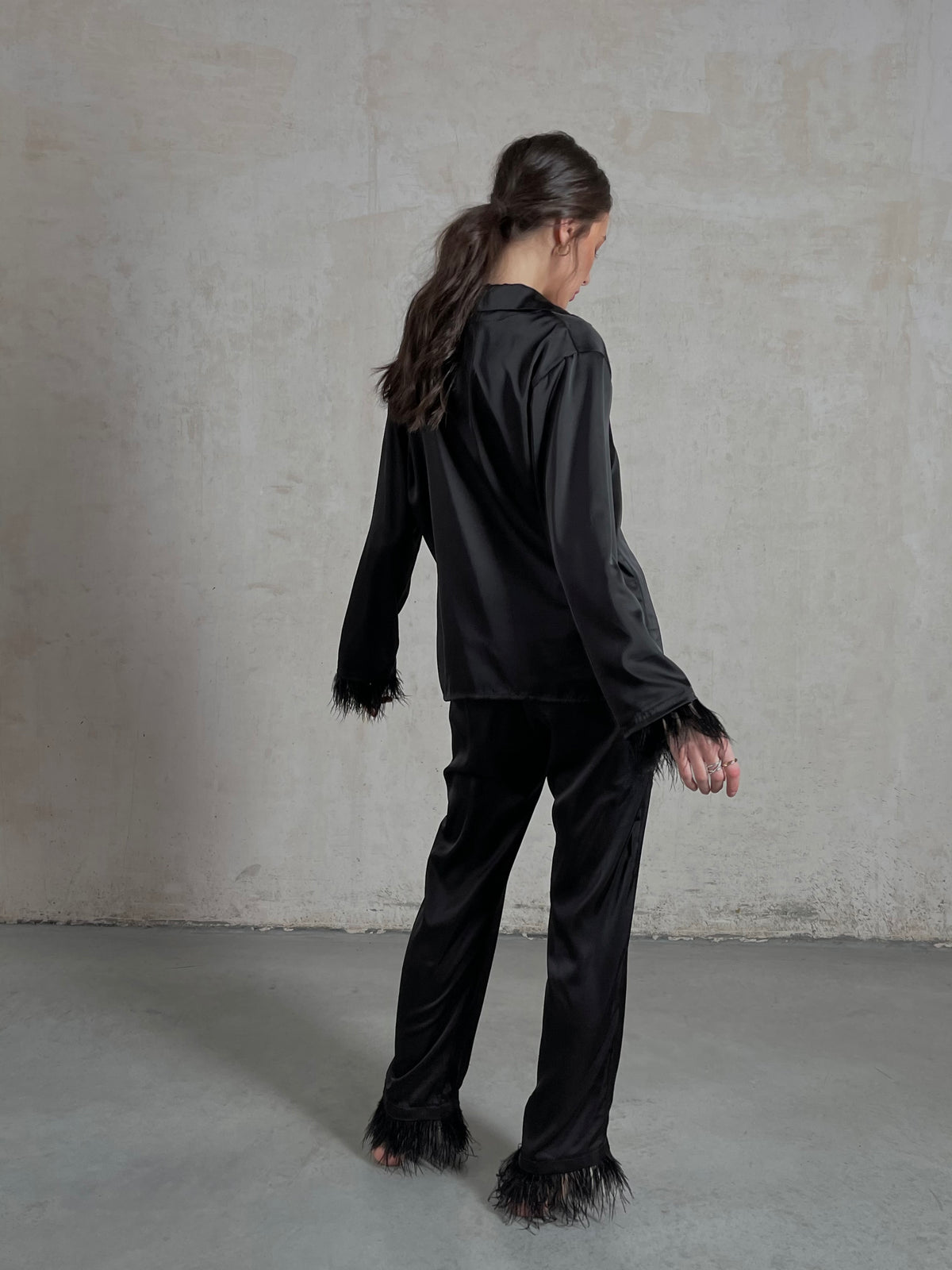 Black silky pajama suit with feathers-Pajamas-Okiya Studio