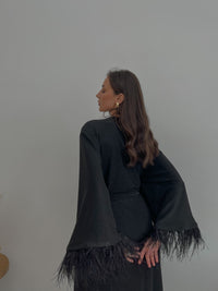 Shiny long black robe with feathers sleeves-Robes-Okiya Studio