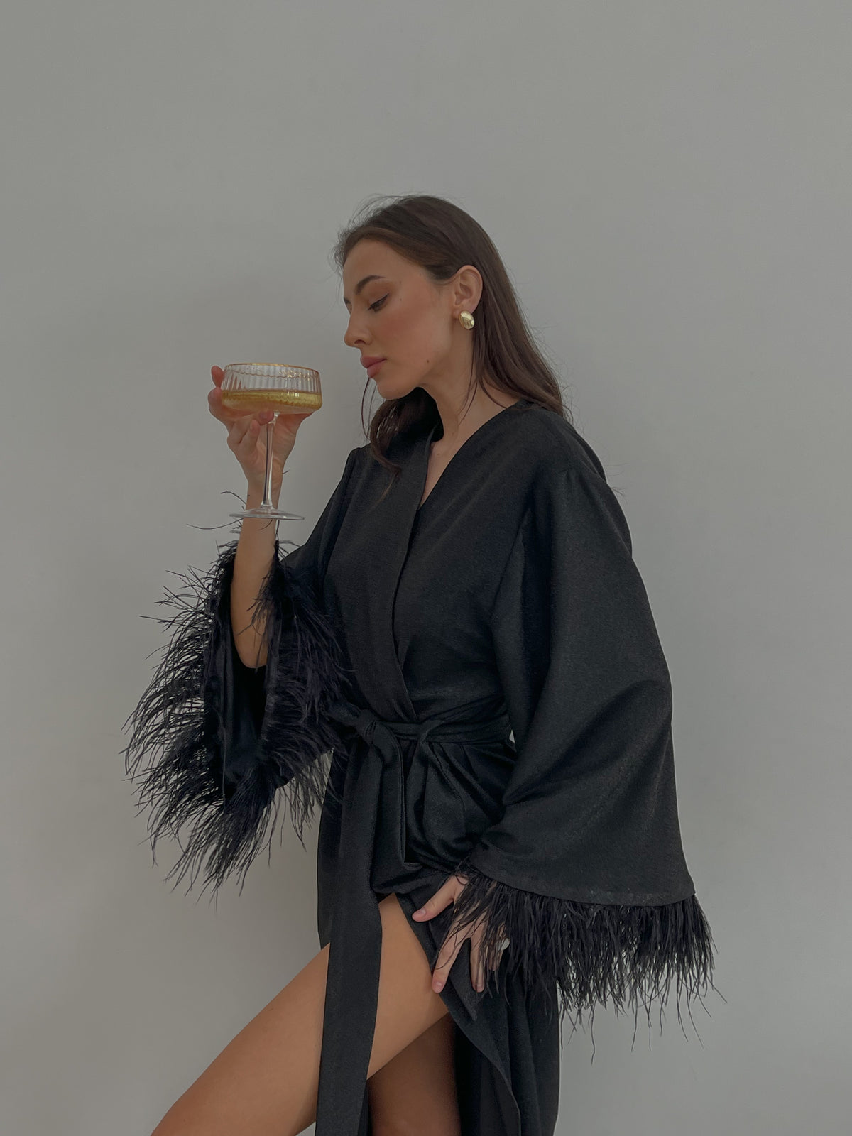 Shiny long black robe with feathers sleeves-Robes-Okiya Studio
