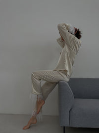 Ivory silky pajama suit with feathers-Pajamas-Okiya Studio