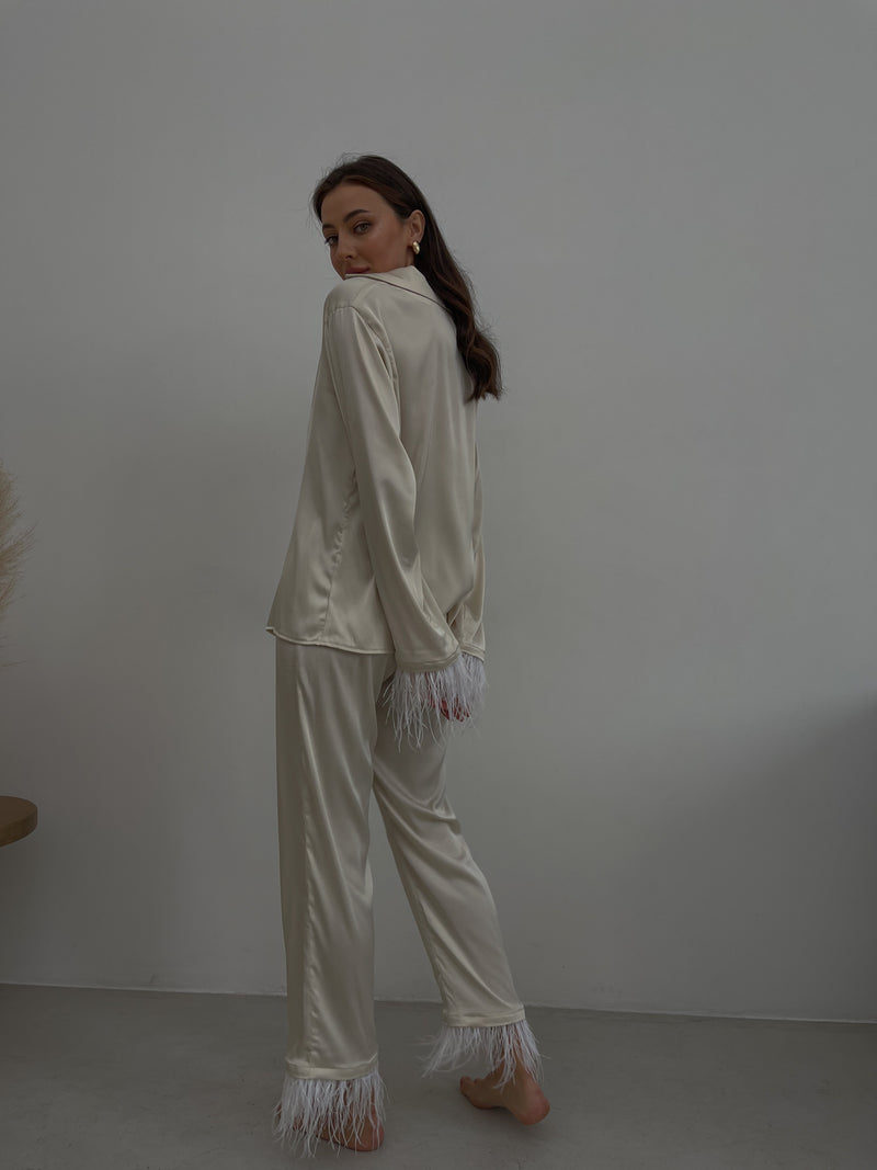 Ivory silky pajama suit with feathers-Pajamas-Okiya Studio