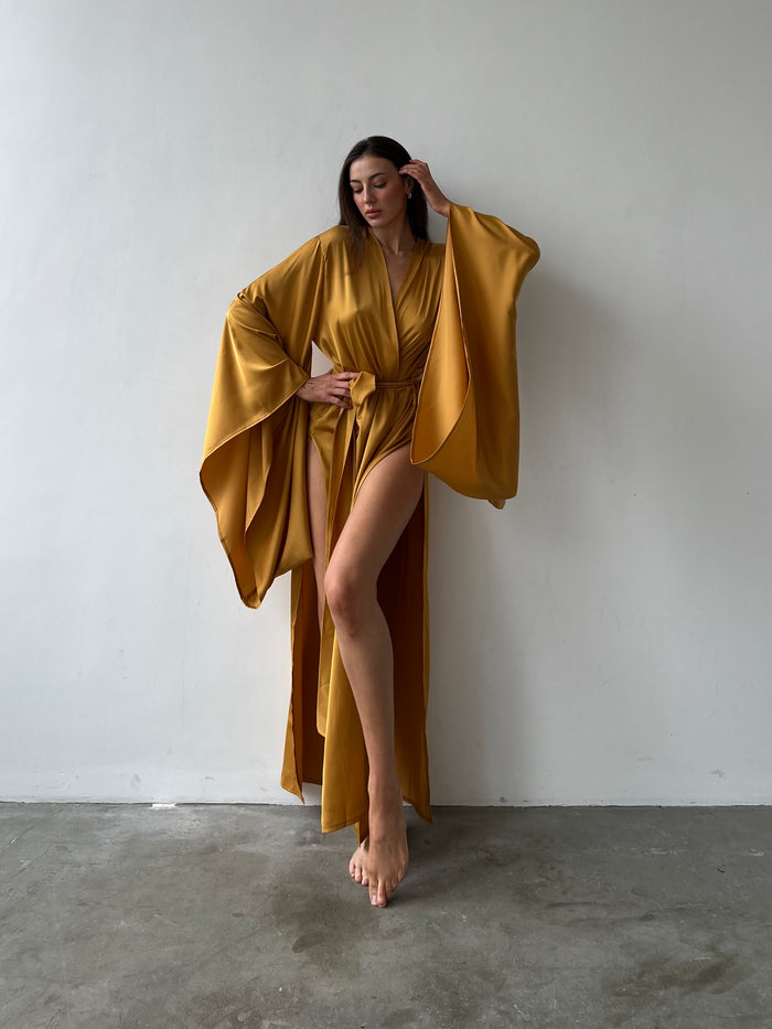 Split Side Silky Kimono Robe-Robes-Okiya Studio