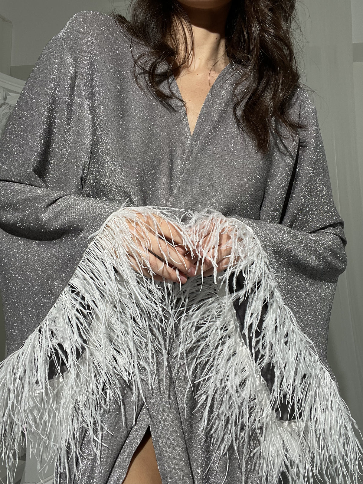 Shiny silver robe with feathers sleeves-Robes-Okiya Studio