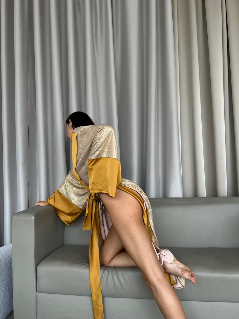 Gold Shiny Long Kimono Robe-Robes-Okiya Studio