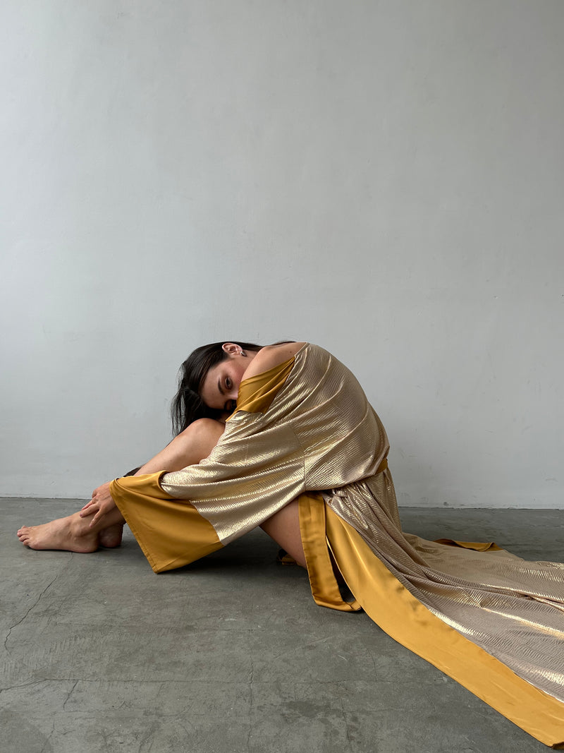 Gold Shiny Long Kimono Robe-Robes-Okiya Studio