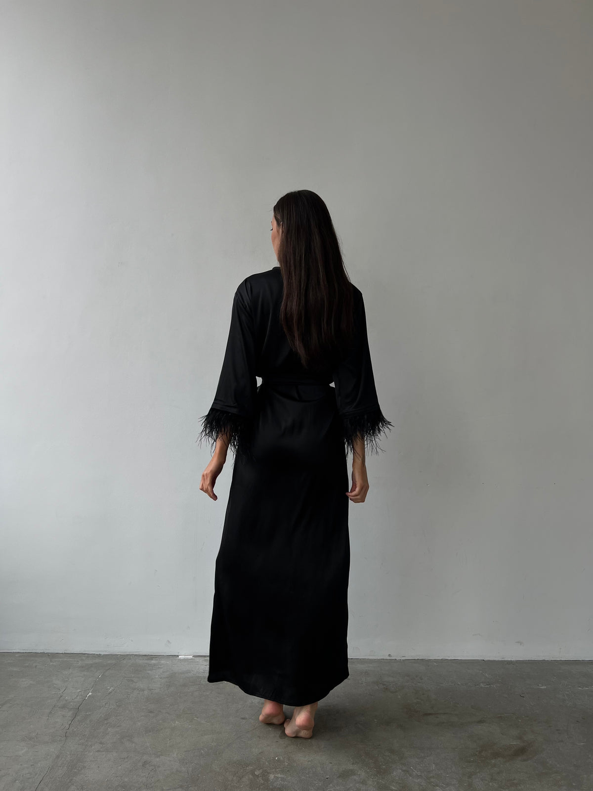 Long silky robe with feather sleeves-Robes-Okiya Studio