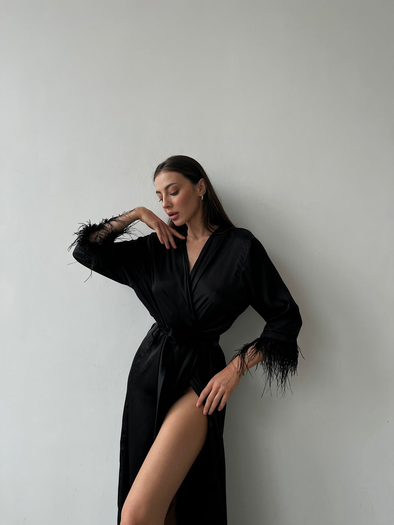 Long silky robe with feather sleeves-Robes-Okiya Studio