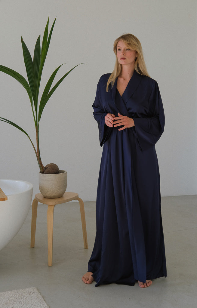 Long Silky Robe with Shawl Collar-Robes-Okiya Studio