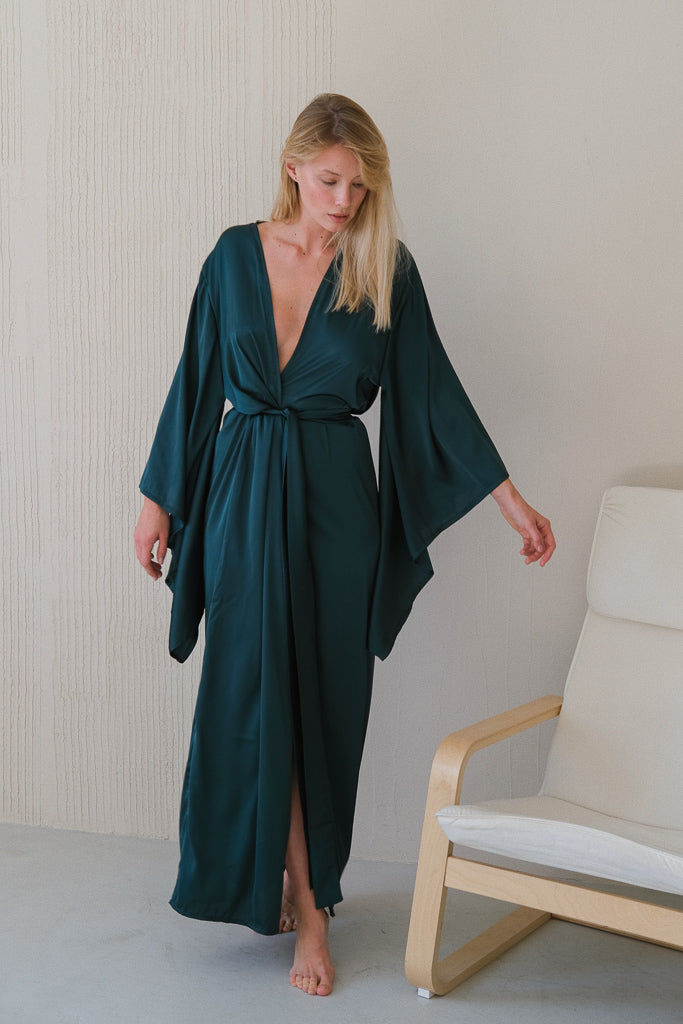 Kimono Sleeves Silk Long Robe-Robes-Okiya Studio