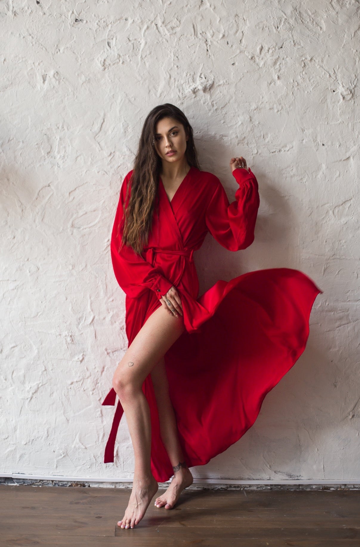 Long red silk on sale robe