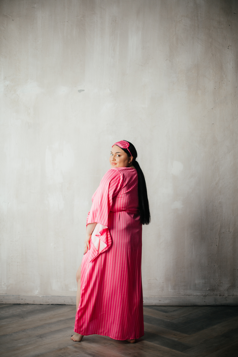 Pink stripe silky kimono robe (plus free sleep mask)-Robes-Okiya Studio