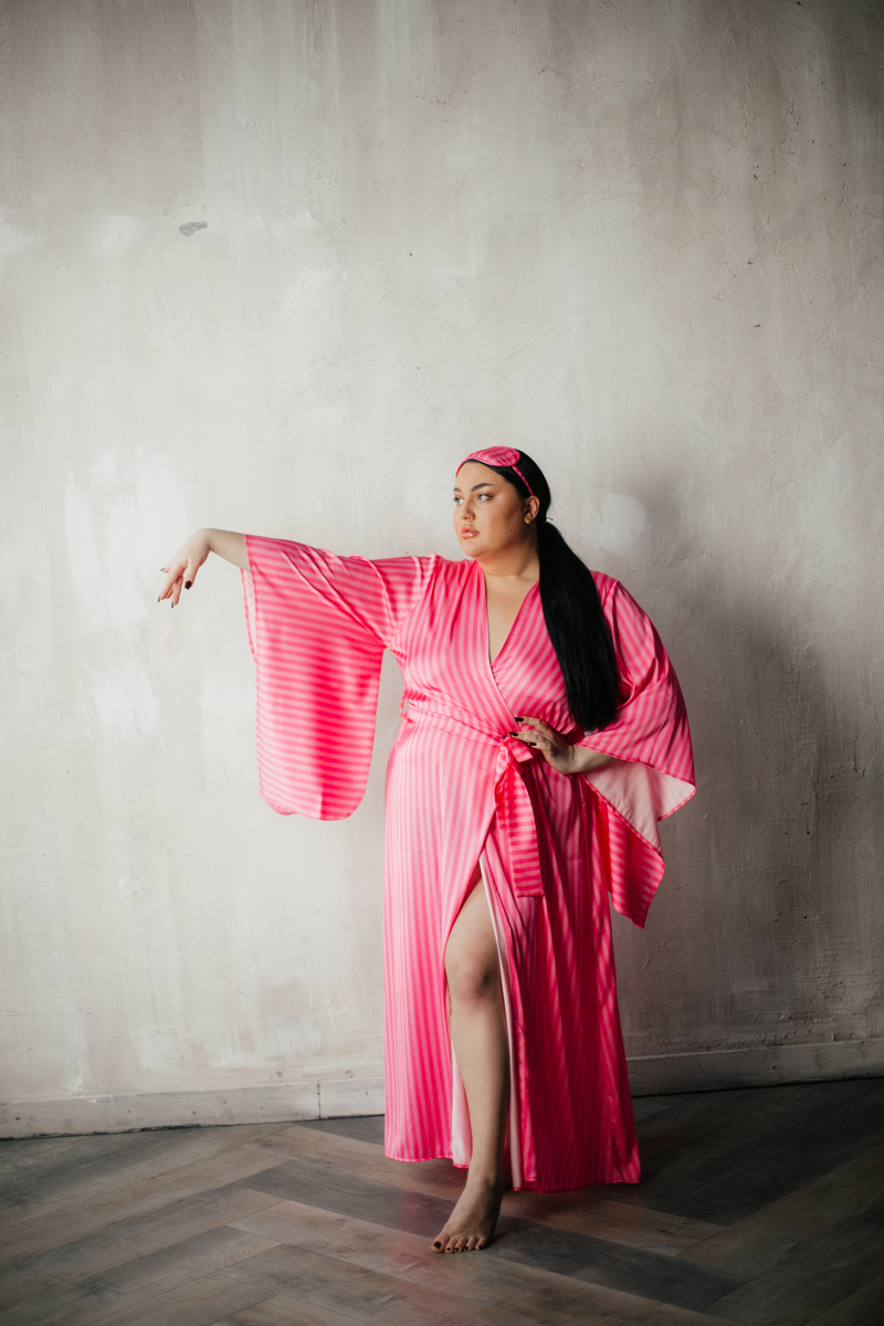 Pink stripe silky kimono robe (plus free sleep mask)-Robes-Okiya Studio